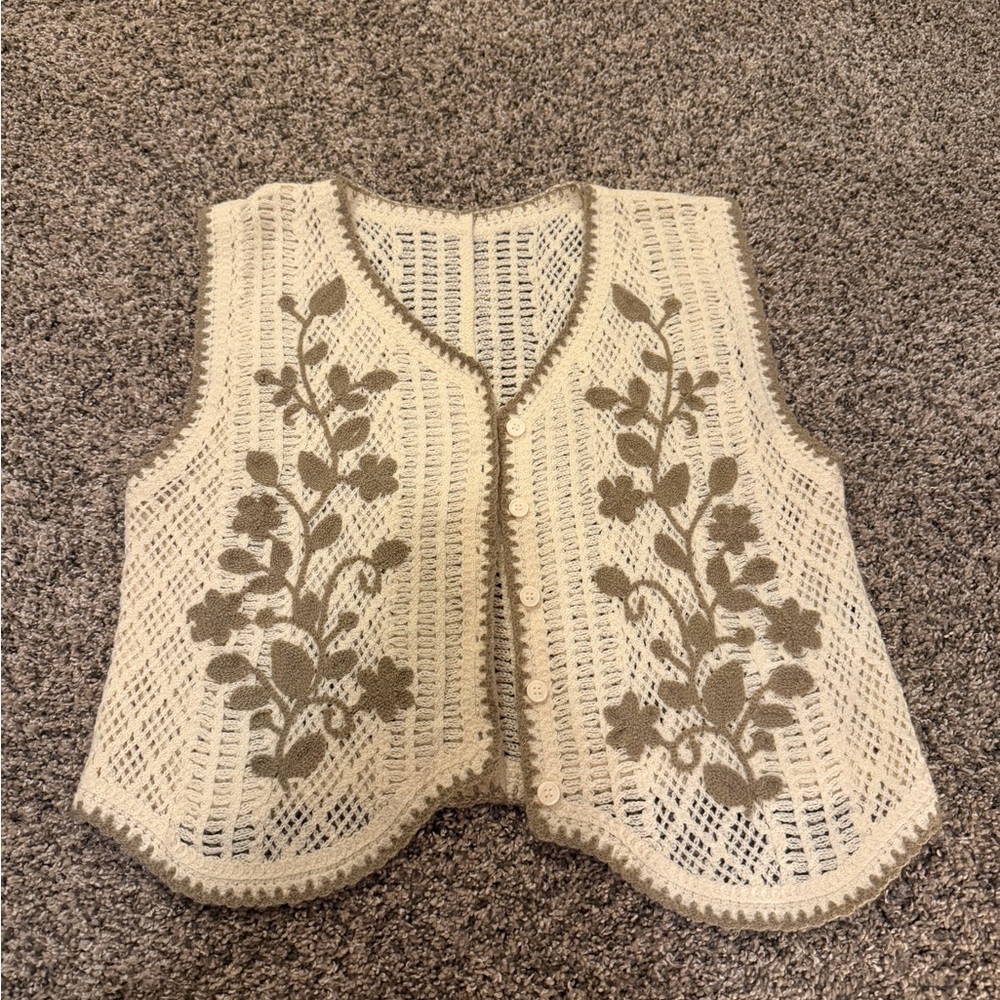 Cream and Tan Crochet Vest